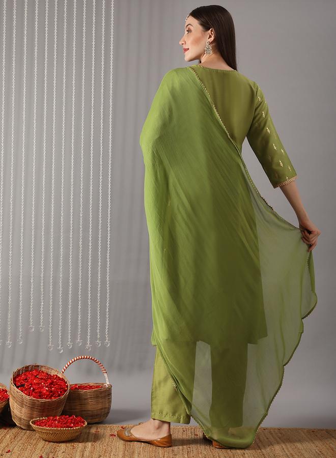 globus Women Green Embroidered A-Line Kurta with Pant and Dupatta Set - Image 2